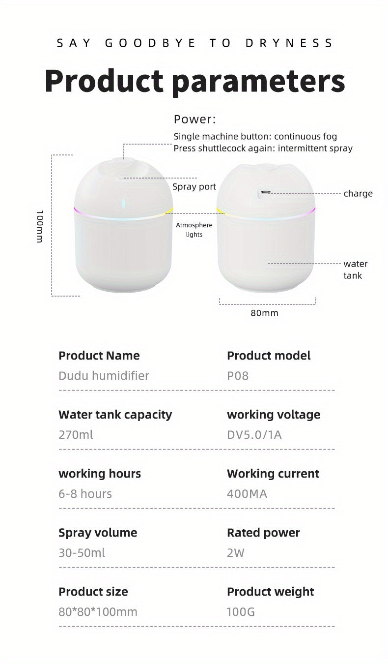 270ML Air Humidifier Cool Mist Aroma Diffuser LED Night Light power-off protect USB Humidificador For Home Office