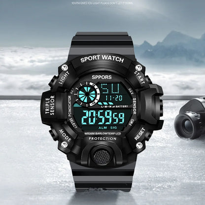 Fashion Men's Watch Sports Electronic Wristwatch Large dial Multifunctional Waterproof Luminous Alarm Kids Male's Military Watch